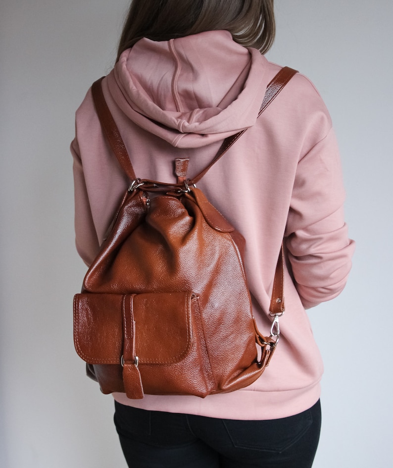 LEDER RUCKSACK GELDBEUTEL Multi Way Rucksack Leder Schultasche Cognac Braune Leder Umhängetasche Bild 5