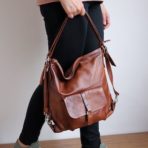 LEATHER BACKPACK PURSE Multi Way Rucksack Leather School Bag Cognac Brown Leather Shoulder Bag zdjęcie 8