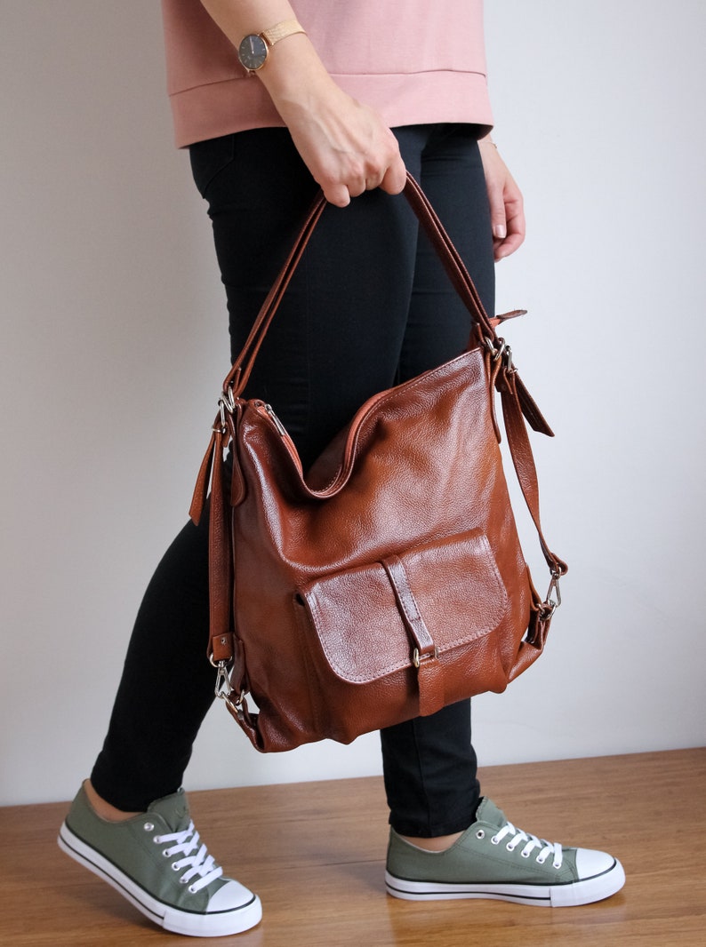 LEATHER BACKPACK PURSE Multi Way Rucksack Leather School Bag Cognac Brown Leather Shoulder Bag zdjęcie 8