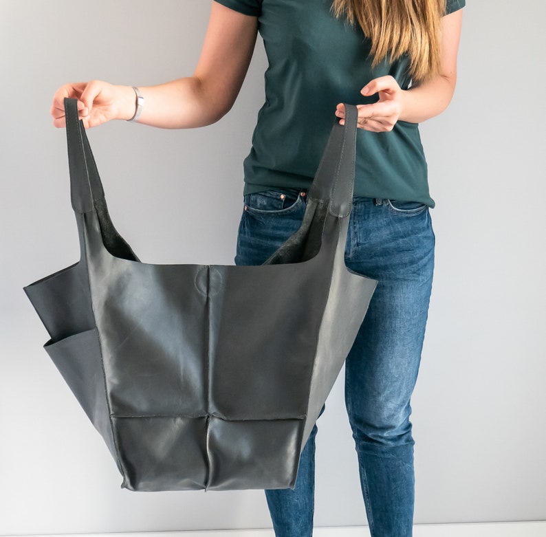 GRAY OVERSIZE HANDBAG, Leather Women Purse, Big Shoulder Bag, Shoulder Hobo Bag, Dark Leather Bag, Large Leather Tote, Everyday Tote image 9