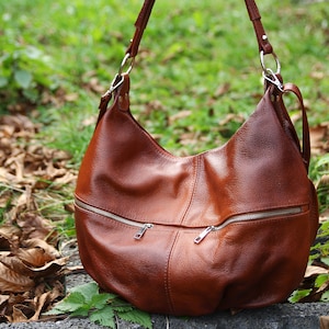 Brown LEATHER SHOULDER HOBO Bag Everyday Crossbody Leather Purse Cognac Brown Leather Handbag Women's Leather Bag zdjęcie 4