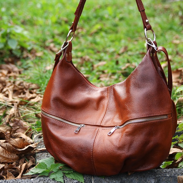 COGNAC Brown LEATHER HOBO Bag - Everyday Crossbody Leather Purse - Leather Handbag - Women's Shoulder Leather Bag
