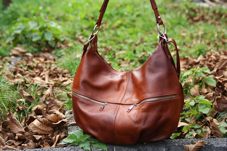 Brown LEATHER SHOULDER HOBO Bag Everyday Crossbody Leather Purse Cognac Brown Leather Handbag Women's Leather Bag zdjęcie 4