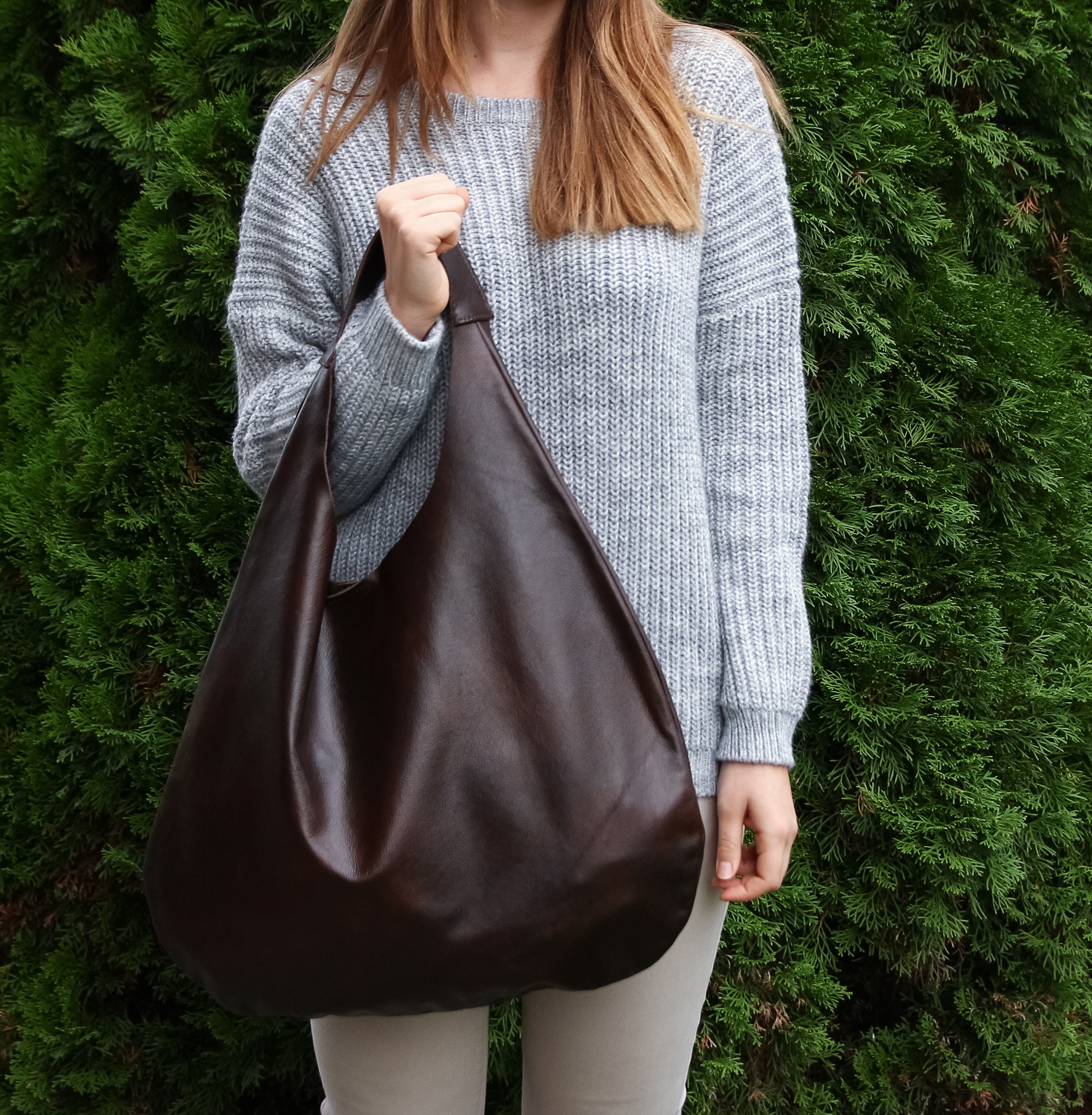 BROWN LEATHER HOBO Bag Oversize Shoulder Bag Everyday | Etsy