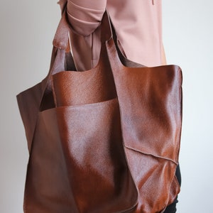 OVERSIZE WEEKENDER BAG, Large Leather Tote, Everyday Foldover Bag, Cognac Brown Handbag Women, Leather Bag, Large Shoulder Bag, Hobo Bag zdjęcie 2