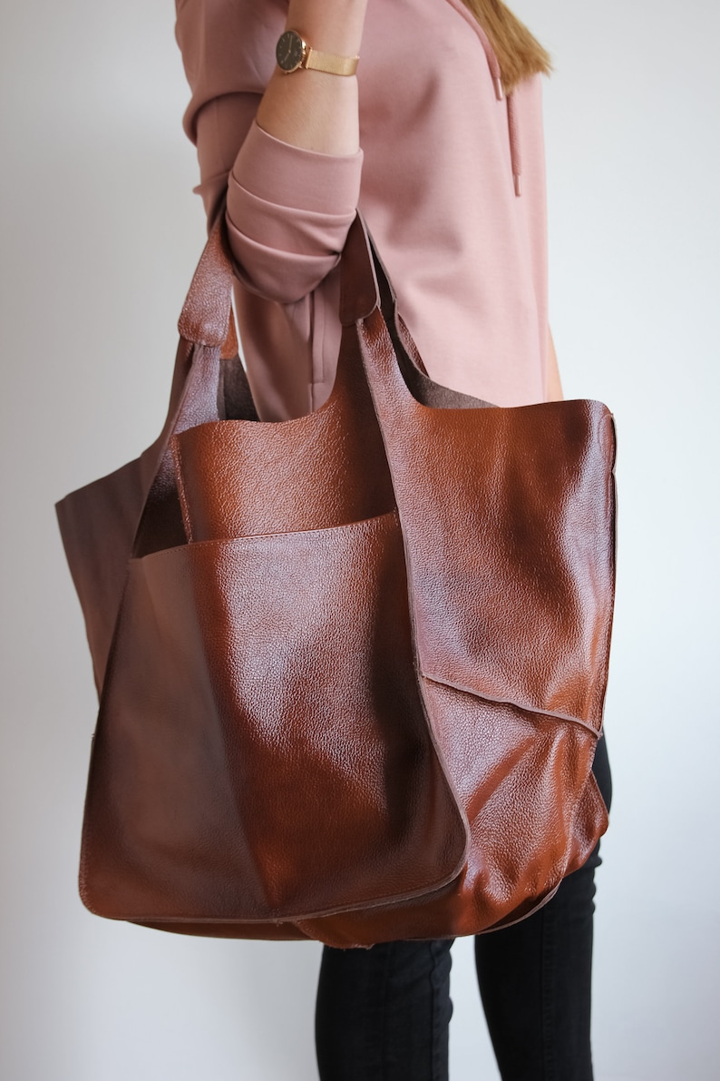 OVERSIZE WEEKENDER BAG, Large Leather Tote, Everyday Foldover Bag, Cognac Brown Handbag Women, Leather Bag, Large Shoulder Bag, Hobo Bag image 2