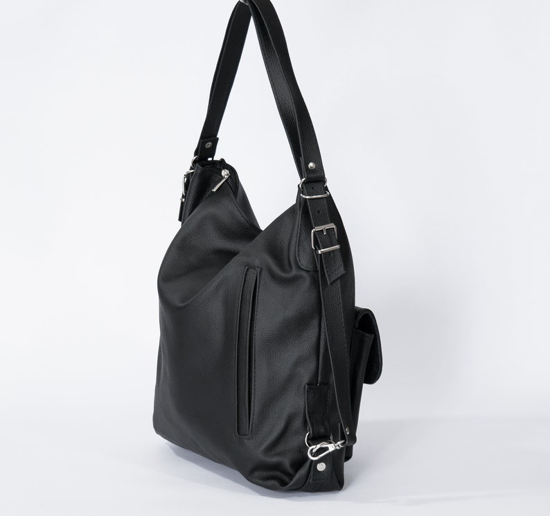 BLACK LEATHER BACKPACK Purse Convertible Leather Handbag Laptop School Bag Leather Rucksack zdjęcie 6