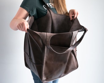 OVERSIZE BRUINE handtas, SCHOUDER hobo tas, chocolade lederen tas, grote leren tas, alledaagse slouchy lederen dames portemonnee schoudertas