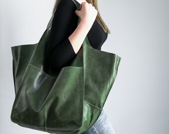 OVERSIZE HANDBAG, GREEN Leather Women Purse, Shoulder Hobo Bag, Leather Bag, Large Leather Tote, Everyday Slouchy Tote, Large Shoulder Bag