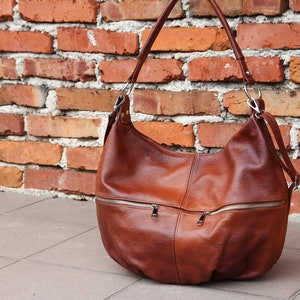 Brown LEATHER SHOULDER HOBO Bag Everyday Crossbody Leather Purse Cognac Brown Leather Handbag Women's Leather Bag zdjęcie 5