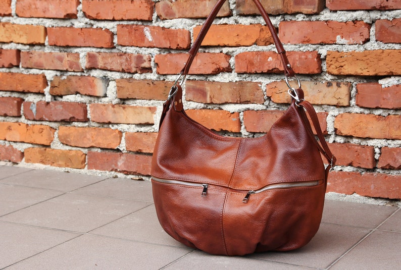 Brown LEATHER SHOULDER HOBO Bag Everyday Crossbody Leather Purse Cognac Brown Leather Handbag Women's Leather Bag zdjęcie 5