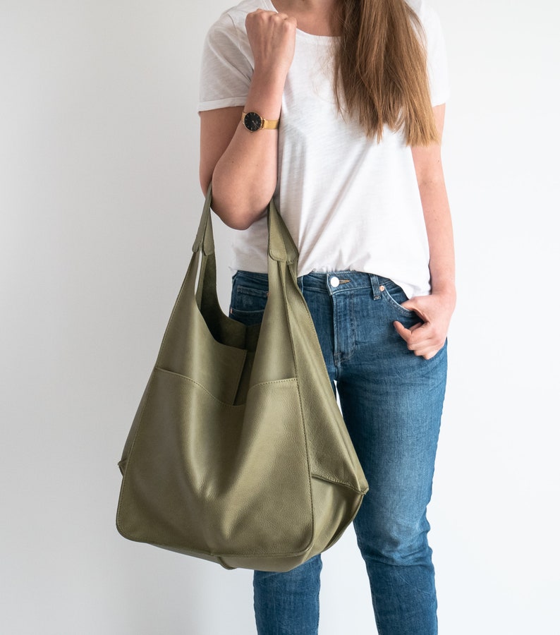 Olive Green OVERSIZE HANDBAG Leather Women Purse Big | Etsy