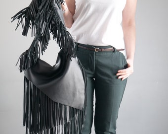 BLACK Boho Bag, Crossbody Leather Bag, Unique Bohemian Leather Purse, Leather Bag, Bag with Long Fringes, Crossbody Western Style Purse