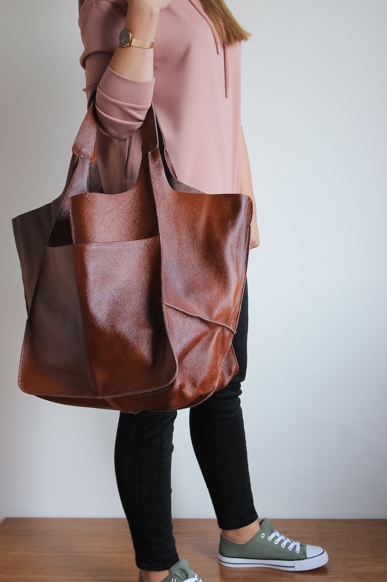 OVERSIZE WEEKENDER BAG, Large Leather Tote, Everyday Foldover Bag, Cognac Brown Handbag Women, Leather Bag, Large Shoulder Bag, Hobo Bag zdjęcie 3