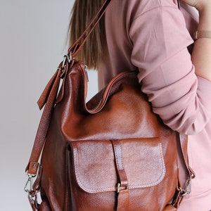 LEATHER BACKPACK PURSE Multi Way Rucksack Leather School Bag Cognac Brown Leather Shoulder Bag zdjęcie 2