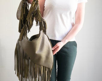 Green Boho Bag, Crossbody Leather Bag, Unique Bohemian Leather Purse, Leather Bag, Bag with Long Fringes, Crossbody Western Style Purse