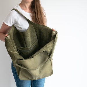 Olive Green OVERSIZE HANDBAG, Big Shoulder Bag, Leather Women Purse, Shoulder Hobo Bag, Leather Bag, Large Leather Tote, Slouchy Tote