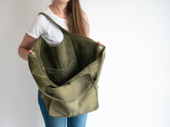 AWESOME OLIVE GREEN BIG LEATHER LUCKY BRAND BAG PURSE