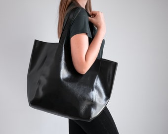 OVERSIZE SHOPPER Tas, ZWARTE Lederen Shopper, Grote Shopper, Zwarte Grote Shopper, Everyday Tote, Lederen Handtas, Shopper Tas, Xxl Handtas