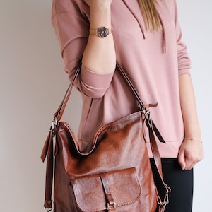 LEATHER BACKPACK PURSE Multi Way Rucksack Leather School Bag Cognac Brown Leather Shoulder Bag zdjęcie 3