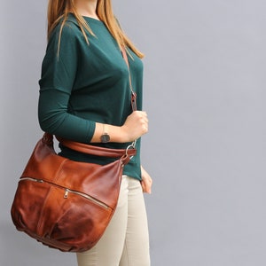 COGNAC Brown LEATHER HOBO Bag Everyday Crossbody Leather Purse Leather ...