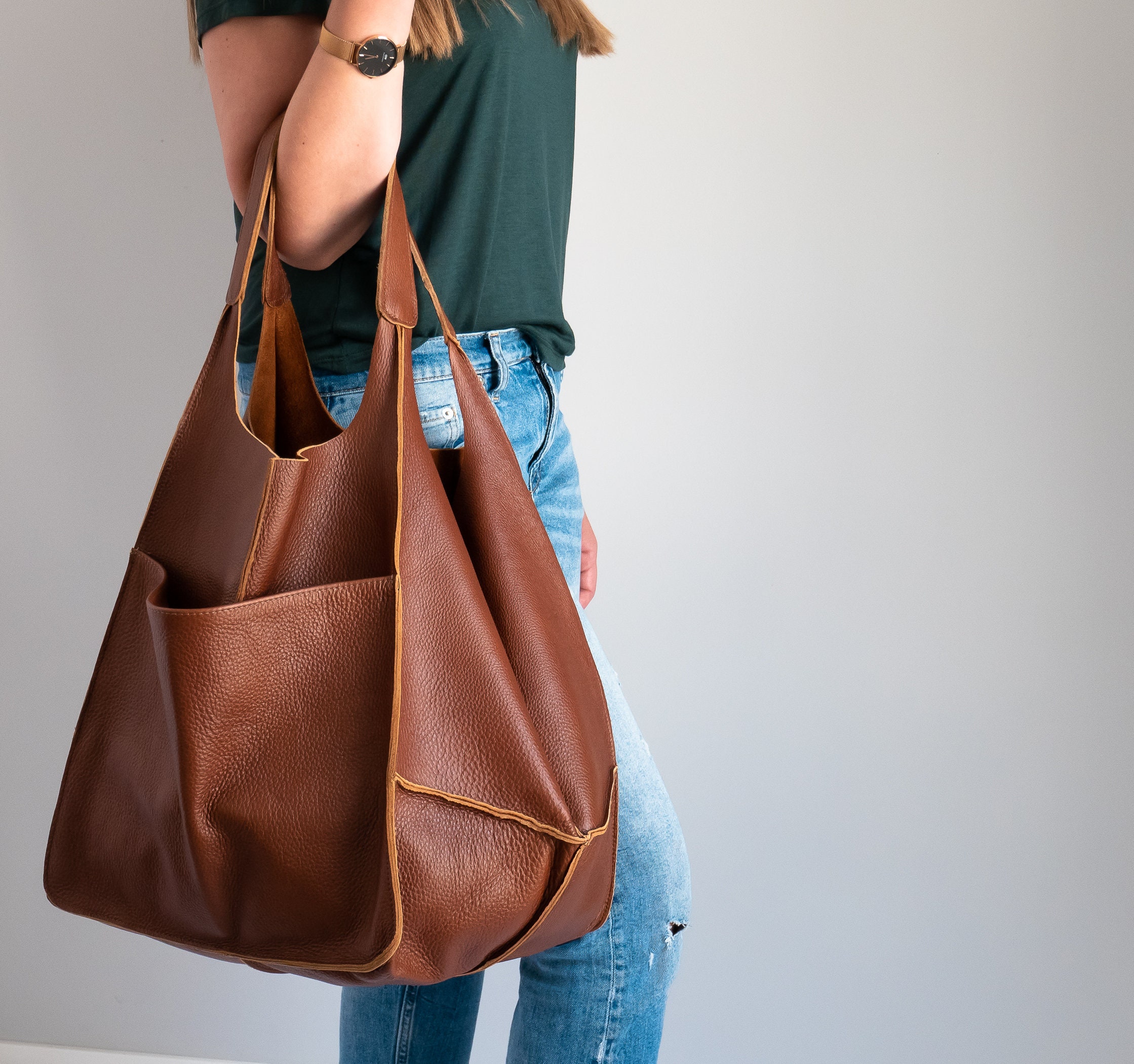 OVERSIZE WEEKENDER BAG Large Leather Tote Everyday Foldover | Etsy