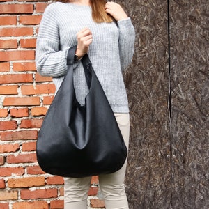 BLACK Oversize Shoulder Bag LEATHER HOBO Bag Everyday Leather Purse Soft Leather Handbag for Women image 4
