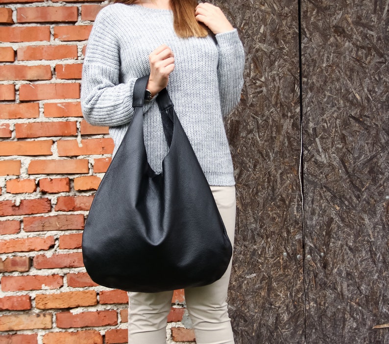 BLACK Oversize Shoulder Bag LEATHER HOBO Bag Everyday Leather Purse Soft Leather Handbag for Women image 4