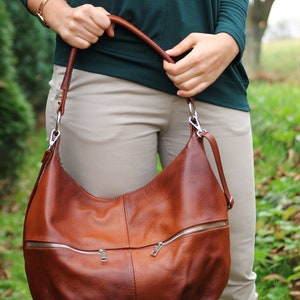 Brown LEATHER SHOULDER HOBO Bag Everyday Crossbody Leather Purse Cognac Brown Leather Handbag Women's Leather Bag zdjęcie 8