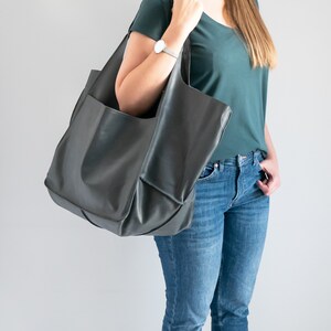 GRAY OVERSIZE HANDBAG, Leather Women Purse, Big Shoulder Bag, Shoulder Hobo Bag, Dark Leather Bag, Large Leather Tote, Everyday Tote image 3