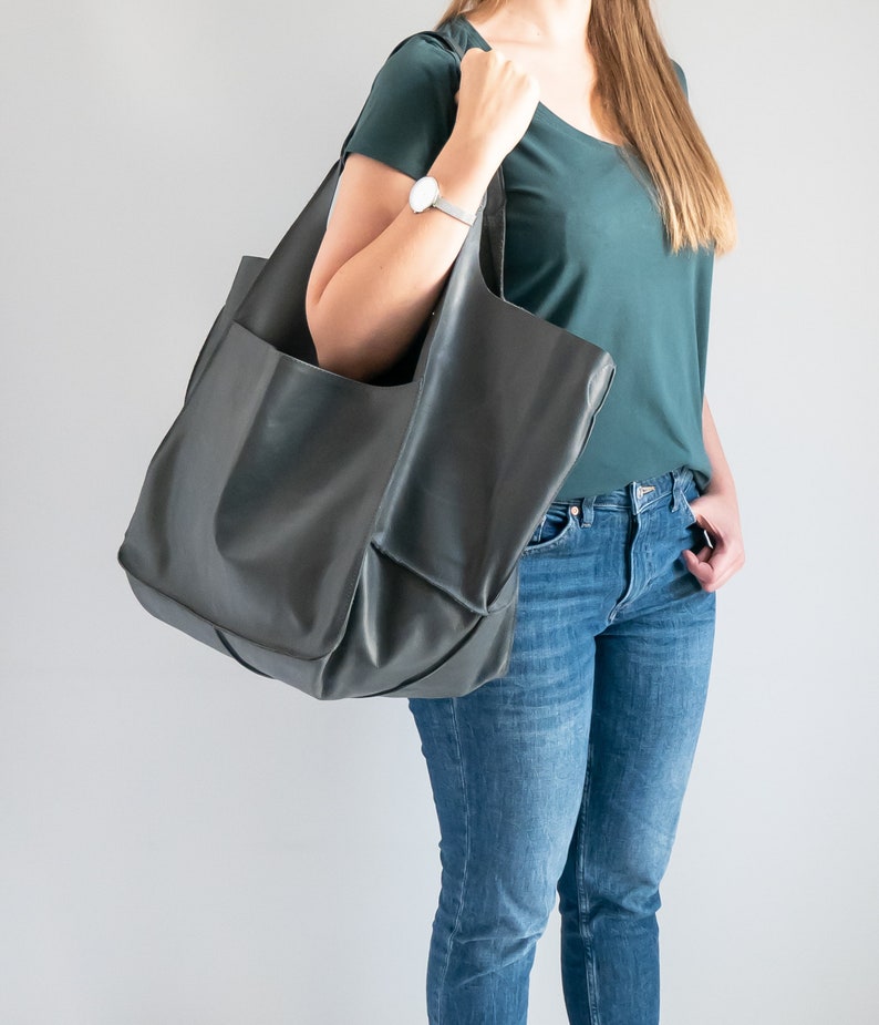 GRAY OVERSIZE HANDBAG, Leather Women Purse, Big Shoulder Bag, Shoulder Hobo Bag, Dark Leather Bag, Large Leather Tote, Everyday Tote image 3