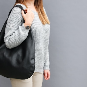 BLACK Oversize Shoulder Bag LEATHER HOBO Bag Everyday Leather Purse Soft Leather Handbag for Women image 3