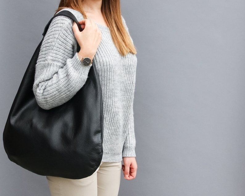 BLACK Oversize Shoulder Bag LEATHER HOBO Bag Everyday Leather Purse Soft Leather Handbag for Women image 3