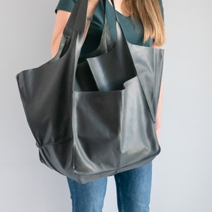 GRAY OVERSIZE HANDBAG, Leather Women Purse, Big Shoulder Bag, Shoulder Hobo Bag, Dark Leather Bag, Large Leather Tote, Everyday Tote image 4