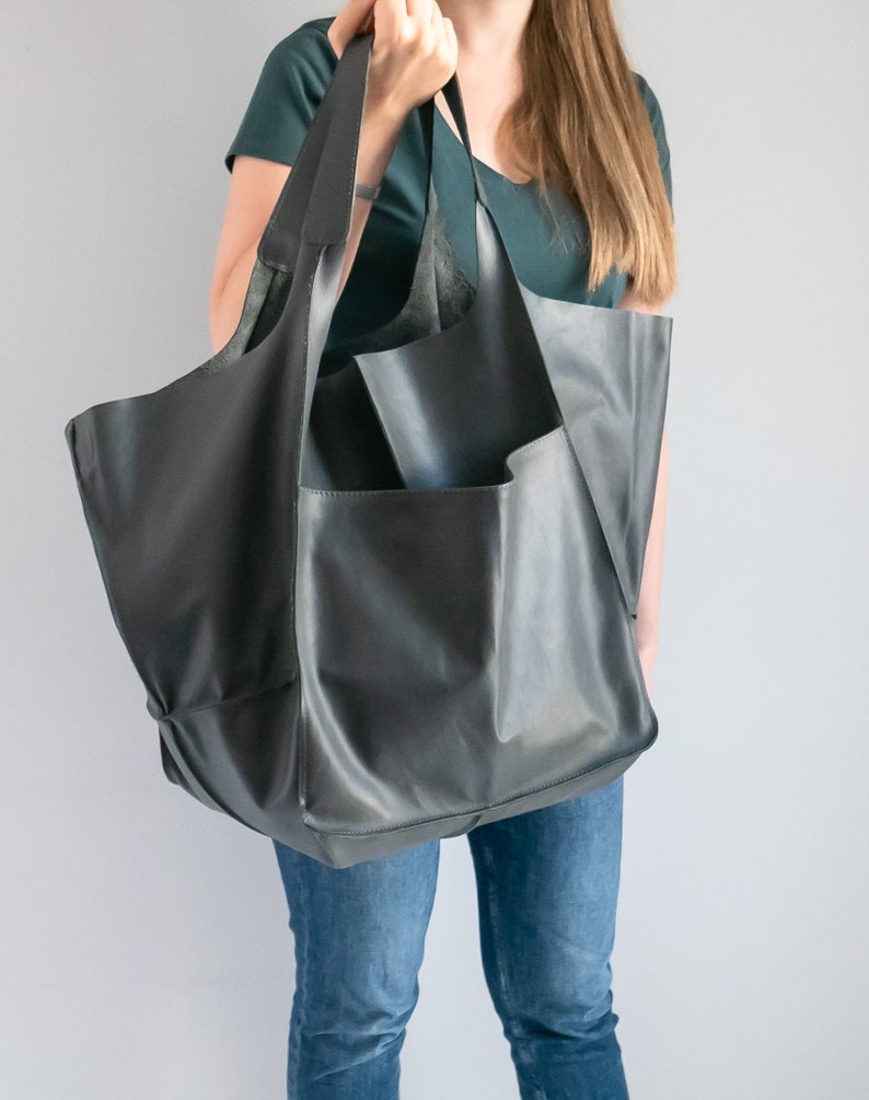 GRAY OVERSIZE HANDBAG, Leather Women Purse, Big Shoulder Bag, Shoulder Hobo Bag, Dark Leather Bag, Large Leather Tote, Everyday Tote image 4