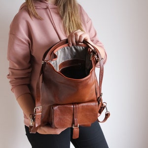 LEATHER BACKPACK PURSE Multi Way Rucksack Leather School Bag Cognac Brown Leather Shoulder Bag zdjęcie 9