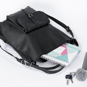 BLACK LEATHER BACKPACK Purse Convertible Leather Handbag Laptop School Bag Leather Rucksack zdjęcie 8