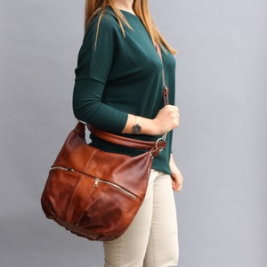 Brown LEATHER SHOULDER HOBO Bag Everyday Crossbody Leather Purse Cognac Brown Leather Handbag Women's Leather Bag zdjęcie 6