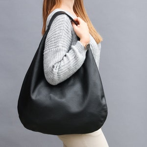 BLACK Oversize Shoulder Bag LEATHER HOBO Bag Everyday Leather Purse Soft Leather Handbag for Women image 8