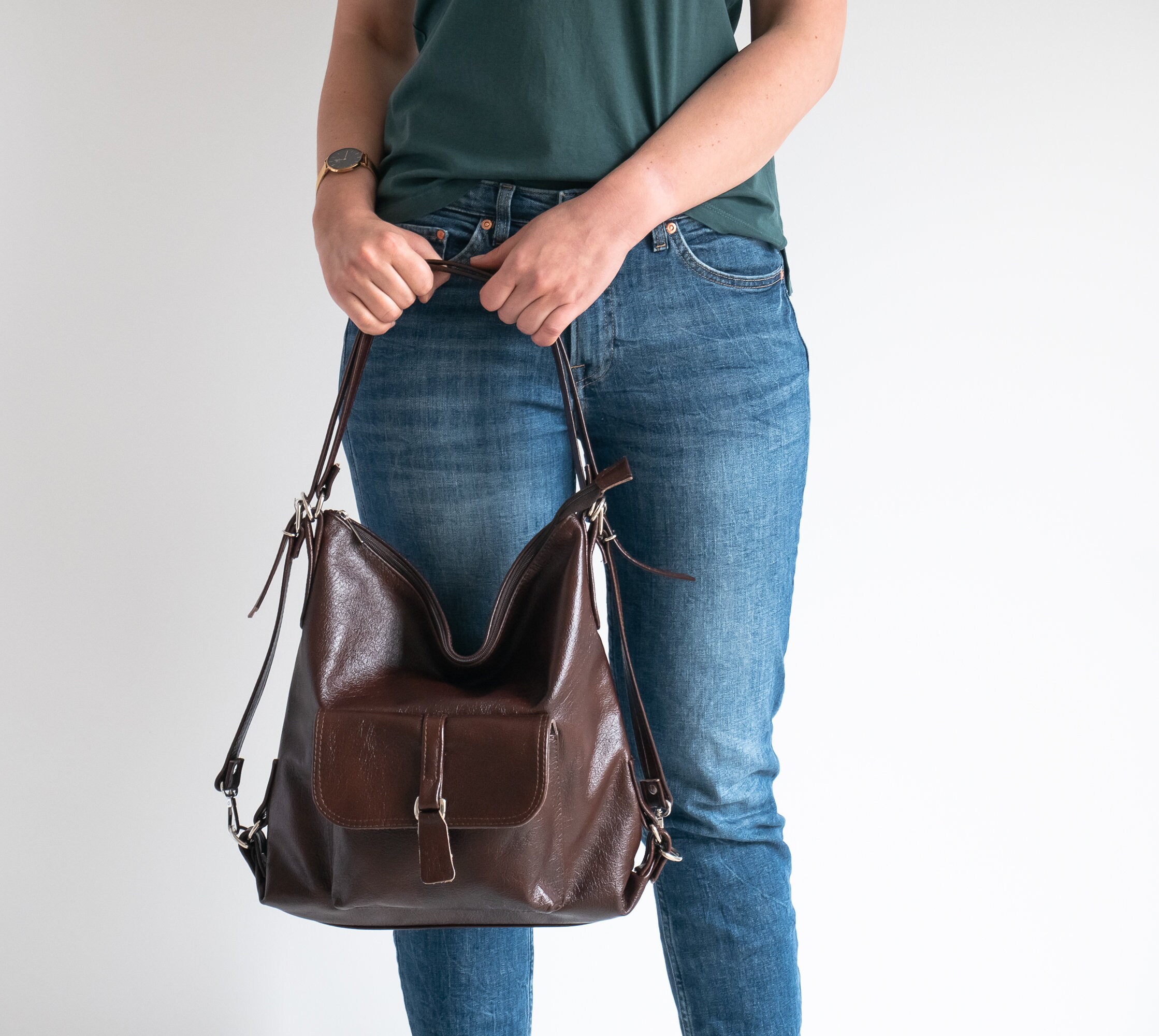 Dark Brown LEATHER BACKPACK PURSE Multi Way Rucksack Etsy