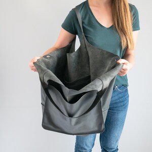 GRAY OVERSIZE HANDBAG, Leather Women Purse, Big Shoulder Bag, Shoulder Hobo Bag, Dark Leather Bag, Large Leather Tote, Everyday Tote image 1