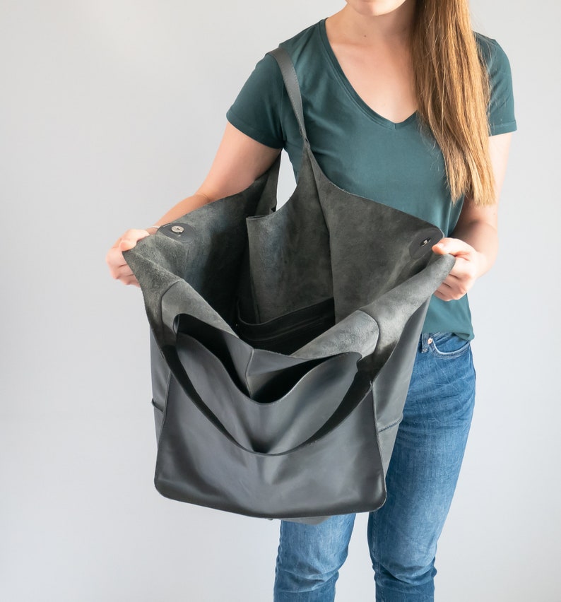 GRAY OVERSIZE HANDBAG, Leather Women Purse, Big Shoulder Bag, Shoulder Hobo Bag, Dark Leather Bag, Large Leather Tote, Everyday Tote image 1