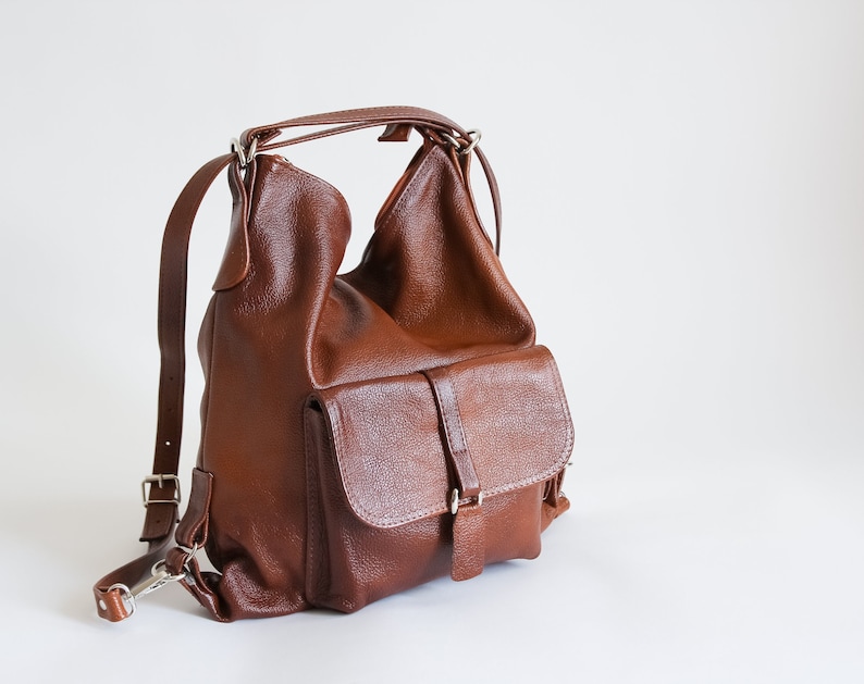 LEATHER BACKPACK PURSE Multi Way Rucksack Leather School Bag Cognac Brown Leather Shoulder Bag zdjęcie 4