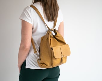 Yellow LEATHER BACKPACK PURSE - Multi Way Rucksack - Leather School Bag - Yellow Leather Shoulder Bag, Mustard Leather, Convertible Bag