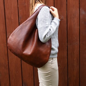 Cognac LEATHER HOBO Bag BROWN Oversize Shoulder Bag Everyday Leather Purse Soft Leather Handbag for Women, Distressed Leather image 7