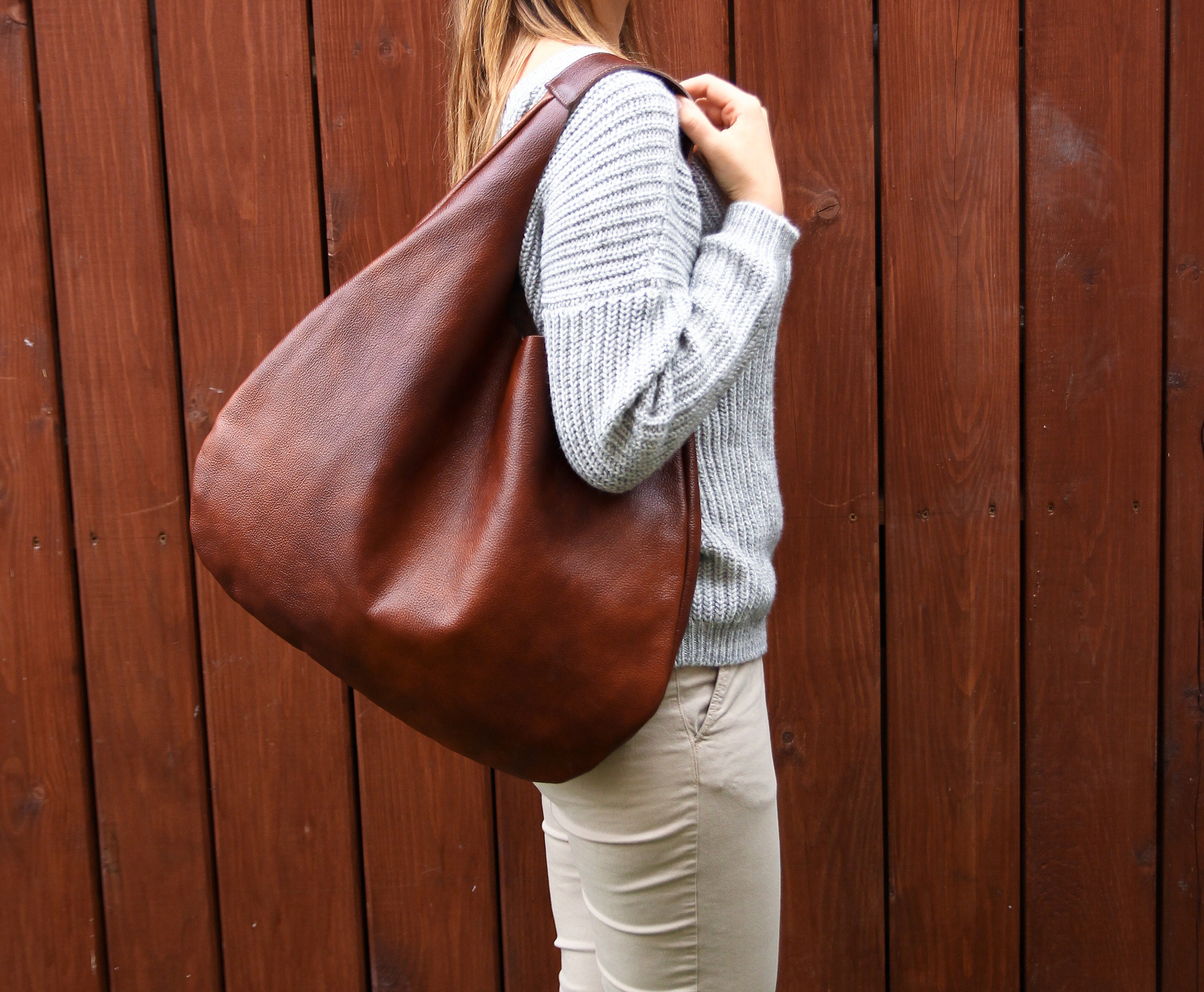 Cognac BROWN Oversize Shoulder Bag Distressed Leather HOBO Etsy