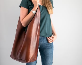 COGNAC Brown BOHO Bag, Women Hobo Bag, Oversize HIPPIE Purse, Leather Hippie Bag, Slouchy Bohemian Hobo Bag, Shoulder Hobo, Hippie Style