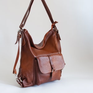 LEATHER BACKPACK PURSE Multi Way Rucksack Leather School Bag Cognac Brown Leather Shoulder Bag zdjęcie 10