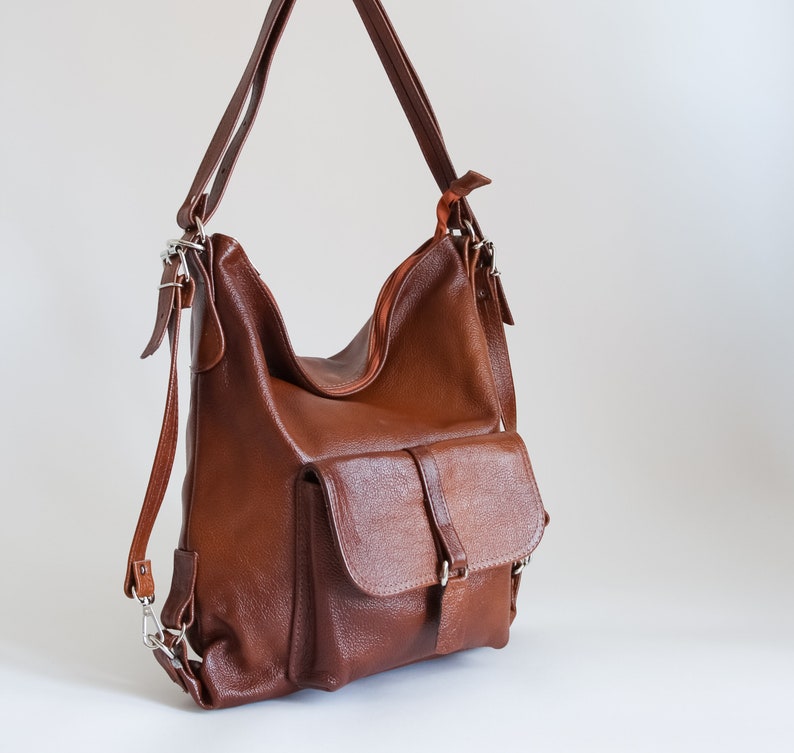 LEATHER BACKPACK PURSE Multi Way Rucksack Leather School Bag Cognac Brown Leather Shoulder Bag zdjęcie 10