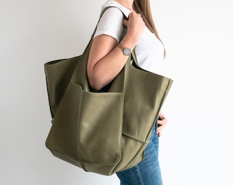 SHOULDER HOBO BAG, Oversize Leather Bag, Large Tote, Everyday Slouchy Tote, Olive Green Handbag, Leather Women Purse, Shoulder Bag